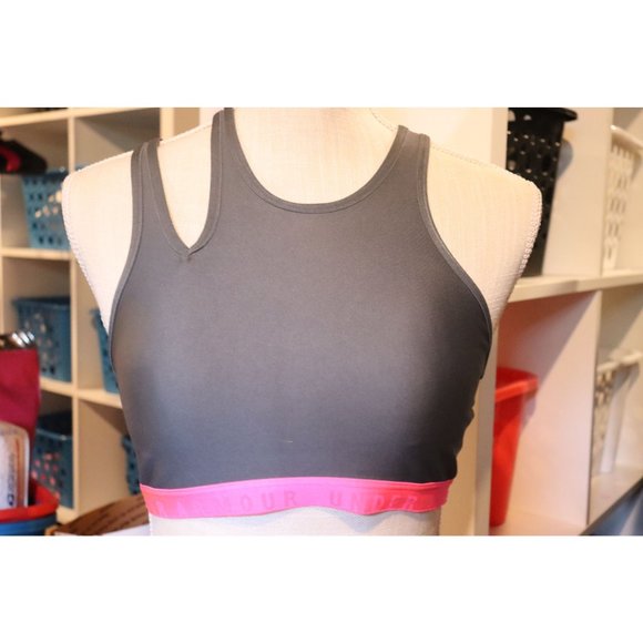 Under Armour Cross Back Gray/Pink low impact Sports Bra M New - Picture 1 of 4